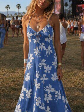 🌊VTG Volcom Women’s Y2K Surf Blue Coastal Floral Open Back Maxi Sundress M
